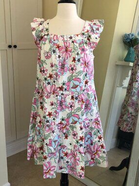 Pink Tropical Floral Print Tiered Ruffle Summer Dress Medium